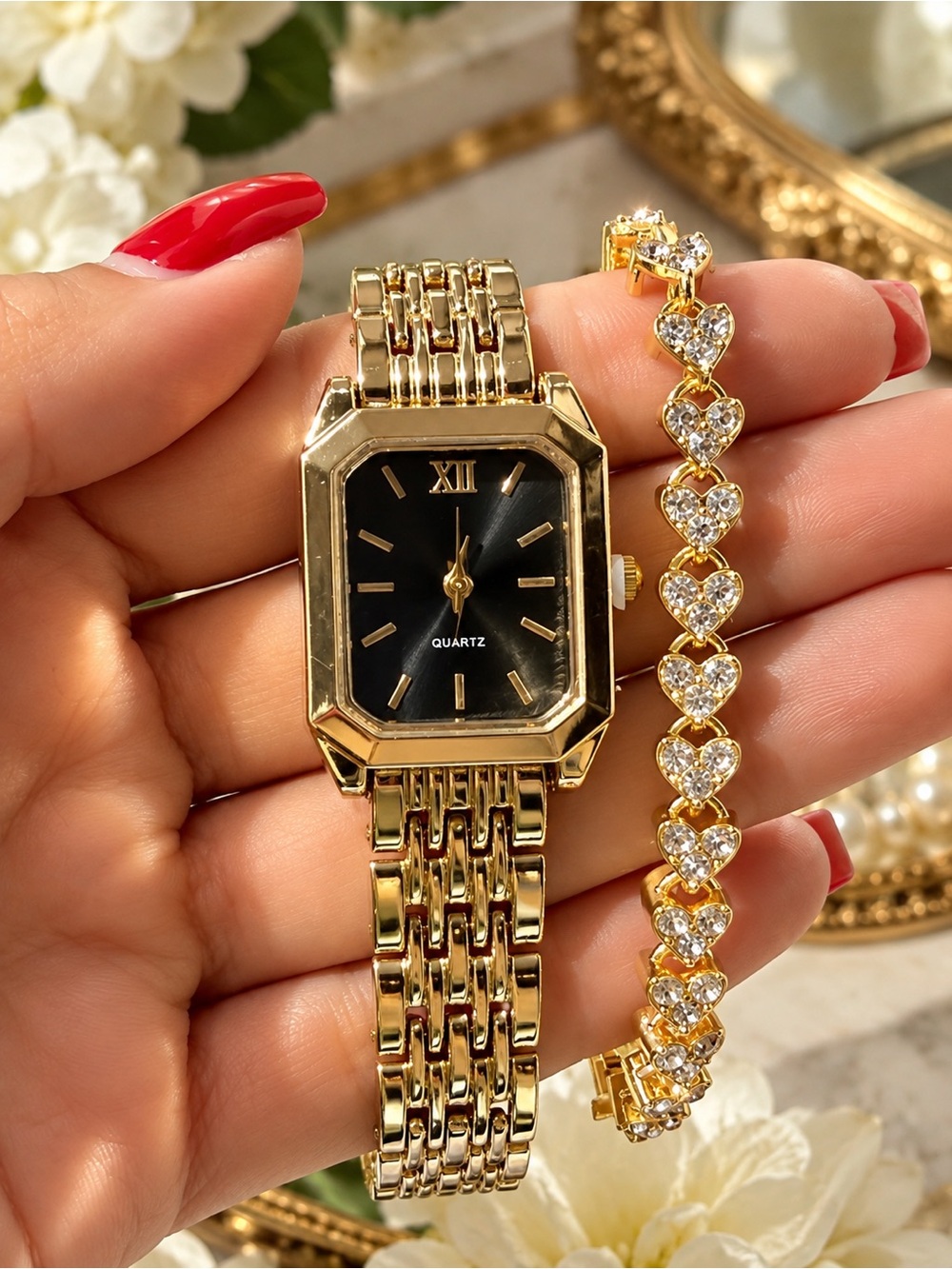 Gold Classic Quartz Women’s Bracelet Watch with Heart Crystal Bracelet